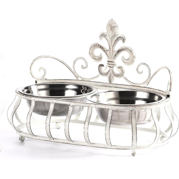 Підвищені годівниці для собак та котів, подвійні миски з нержавіючої сталі, годівниця для домашніх тварин з металевим стійкою Fleur de Lis (антична білизна), біла еліпс