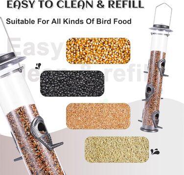 Годівниця для птахів Mixxidea з металевої труби для саду, балкону, 6 портів, сірого кольору