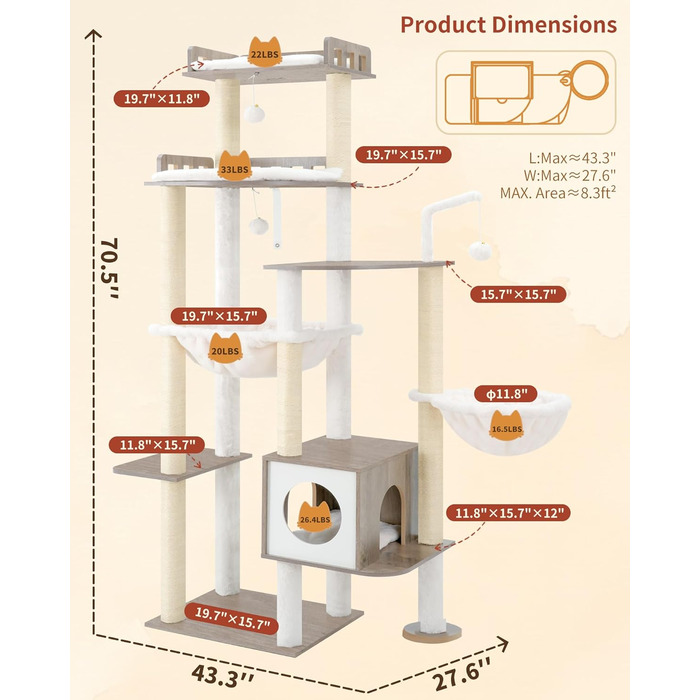 Дерев'яний когтеточка Heybly Kratzbaum 179 см з будиночком та гамаком, HCT121WB (Вінтаж-Сірий)