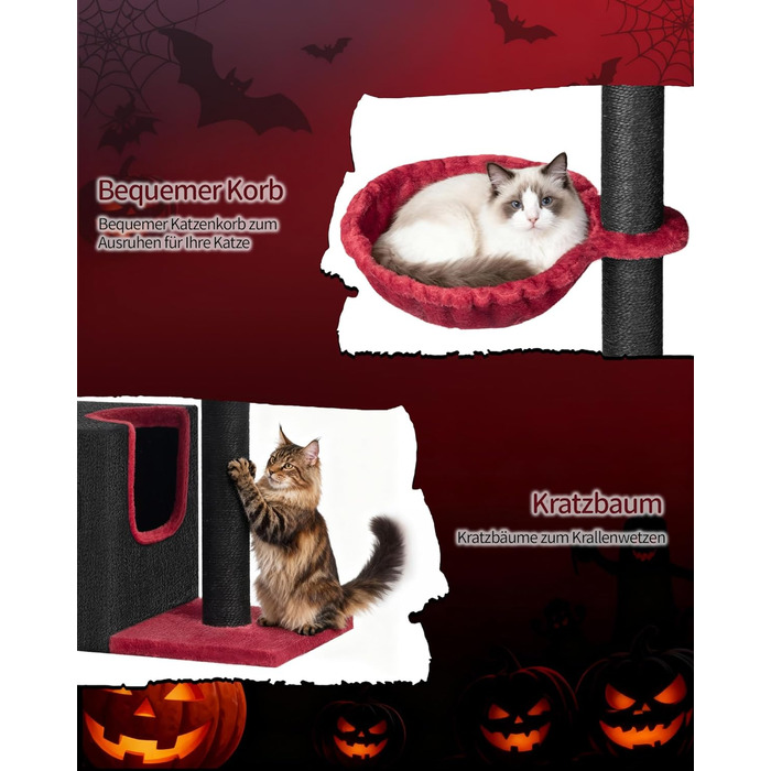 Дерево для кігтів Hzuaneri, 98 см, зі стійкою основою, з лежаком, будиночком для котів, сизалевими стовпчиками, кошиком та іграшками, меблі для котів, ігровий комплекс, MS07618LG (55 x 30 x 98 см, Чорний/Червоний)