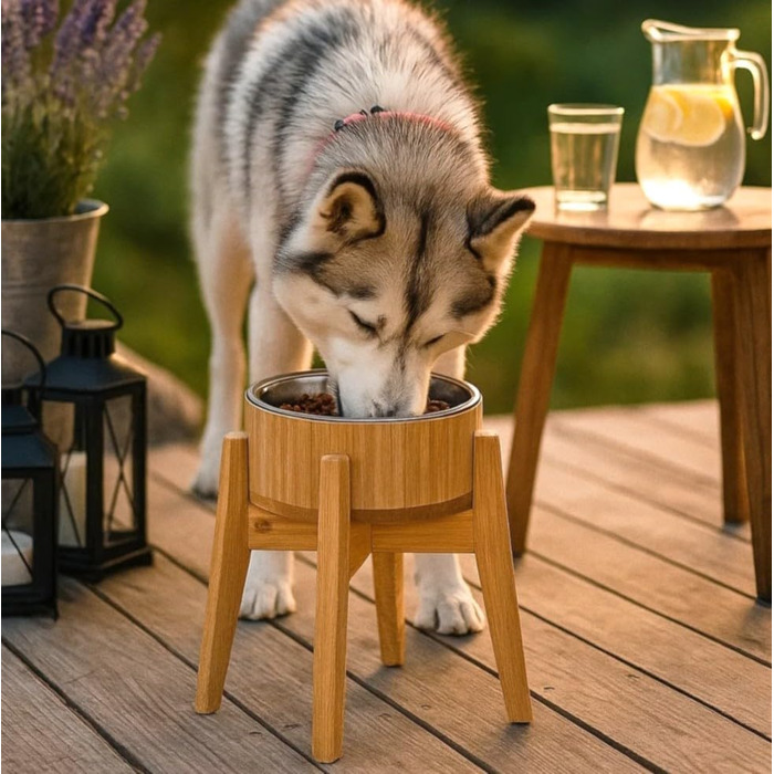 Підвищений годівниця для собак з бамбука – комплект: миска, сталевий вкладиш, підставка – для великих собак – запобігає перекиданню – висота 35 см, діаметр 20 см