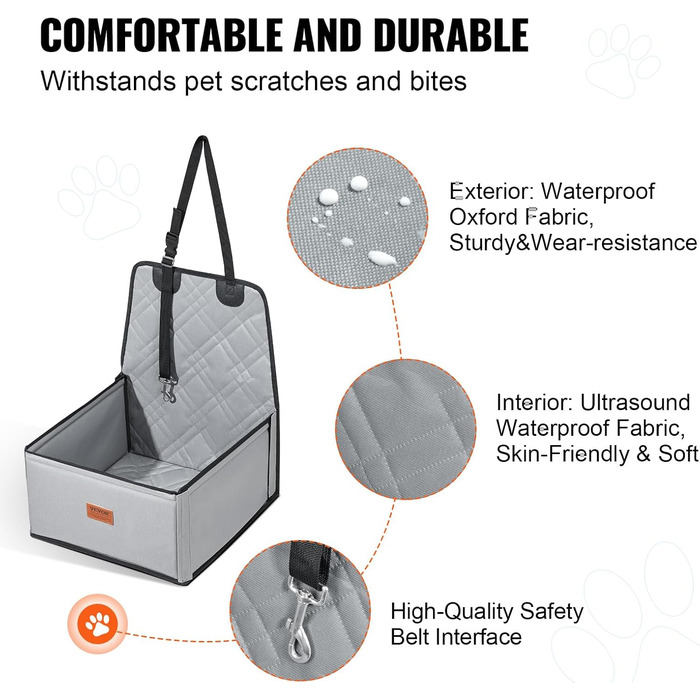 Автокрісло для собак VEVOR, сіре, до 12 кг, з підтримуючою рамою та страхувальним ременем