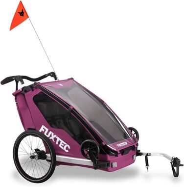 Причіп для велосипеда Fuxtec Sportfux на 2 місця, з багажником, світловідбивачами, ручкою-штовхачем, захистом від дощу та сонця, складаний, фіолетовий FX-FA1