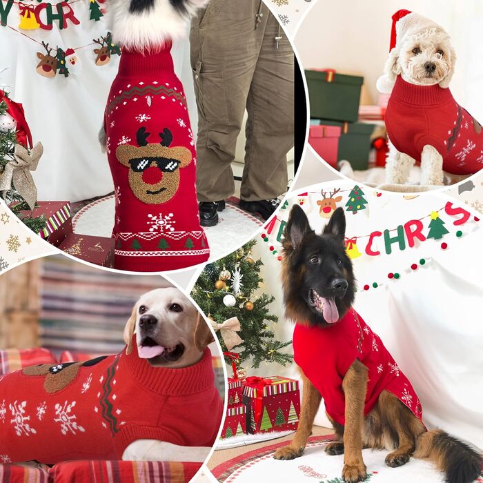 Пуловер для собак на Різдво, м'який та теплий, з відкидним коміром, для собак середнього розміру, в'язаний пуловер для осені та зими, для Французького бульдога, M (5-7 кг), червоний