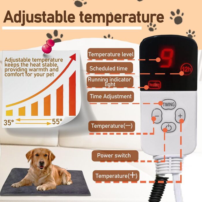 Килимок-грілка для котів та собак, регульована температура та таймер, 45*70 см