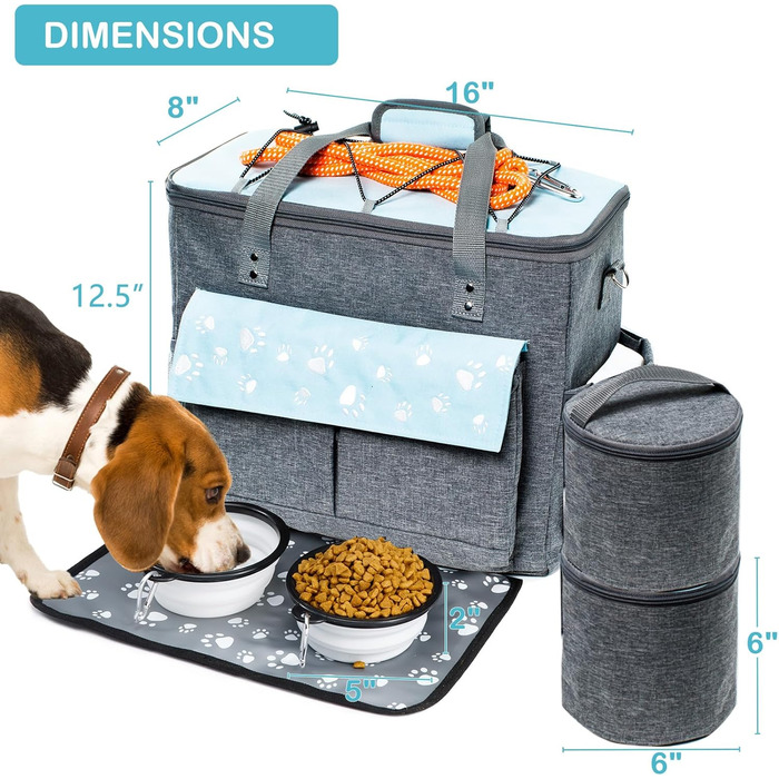 CLAWIST Сумка для собак, переноска для подорожей, XL, сіра/блакитна. З контейнерами для корму та складеними мисками
