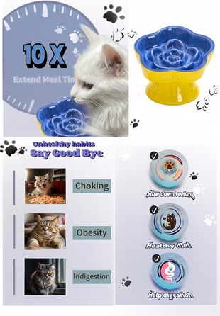 Миска для повільного годування домашніх тварин, керамічна, піднята та нахилена, для котів та маленьких собак, запобігає блювоті та удушенню (Рожева, Блакитна)
