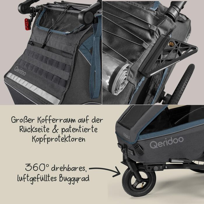 Qeridoo Kidgoo 2: Причіп для велосипеда на 2 дітей з підвіскою та системою ARS, коляска-візок, причіп-велосипед для дітей, складаний, 45L, Navy Blue