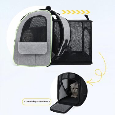 Рюкзак для котів та маленьких собак | Транспортна сумка для домашніх тварин, дихаюча, розкладна, для подорожей, прогулянок, сірого кольору з зеленими вставками