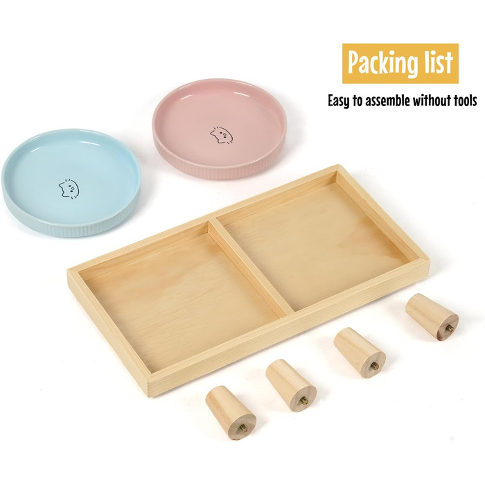 Миска для котів плоска керамічна з дерев'яною підставкою, піднята станція для годування з 2 керамічними мисками, миска для котів, діаметр миски 16 см для їжі та води, рожева & блакитна, блакитно-рожева