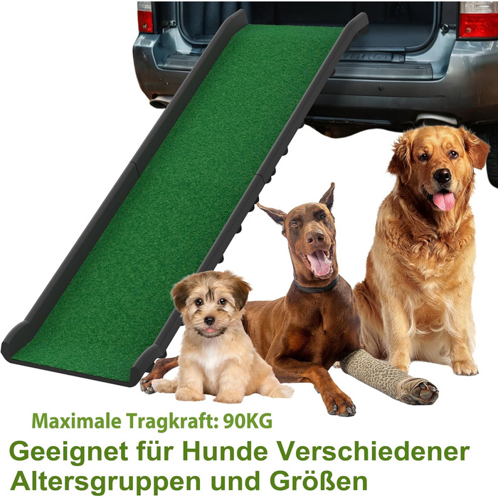 Рампа для собак у багажник авто, складана, 156x40 см, пластик, протиковзка, до 90 кг, зелена