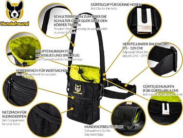 Сумка для корму для собак велика, 4-в-1 для тренувань | З бавовняним ремінцем, кліпсою та петлями | 4 відділення для ласощів (19x14x7 см)