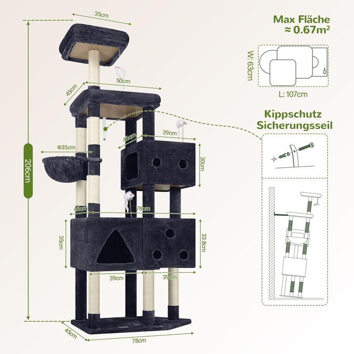 Комплекс для котів Globlazer XXL 207 см з будиночком 45x35 см, платформами, стовпчиками обмотаними сизалем (8 шт.) для великих котів, темно-сірий