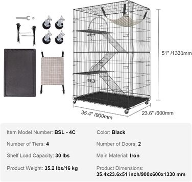 Клітка для котів VEVOR, 4 рівні, 2 двері, 90x60x133 см, залізна, з покриттям, з драбинами, для котів і дрібних тварин