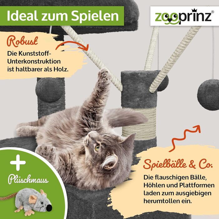 Zooprinz Преміум Котячий Дерево XXL для великих і малих котів, з товстими сизалевими стовпами, ігровою печерою, гамаком, м'ячиками, канатом і плюшевою мишею, темно-сірий