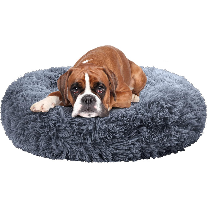 Кругле плюшеве ліжко для собак та котів Fur & Bone, 60 см, темно-сірий, самонагріваючеся, з водонепроникною основою