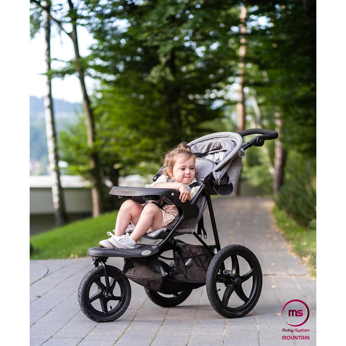 Дитяча коляска-трансформер Moby-System Runner Mountain з дощиковим захистом, до 15 кг, комплект аксесуарів: ремінь безпеки, відбивачі, оглядове вікно та кошик для речей (сіра)