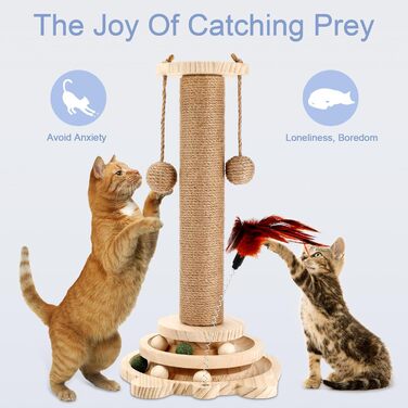 Інтерактивна іграшка для котів з дерева Roller 4 в 1: обертовий столик, когтеточка, кішка з кульками. Підходить для котів середніх та маленьких порід