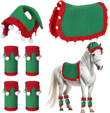 Набір з 6 шт. накладок на ноги для коня з штучним хутром, святкові, червоно-зелені, для декору та костюмів
