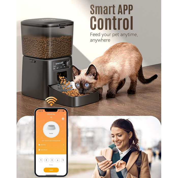 Автоматична годівниця для котів oneisall 3,5 л з WiFi, програмована через додаток, до 10 порцій на день, підходить для котів і собак, з нержавіючою мискою