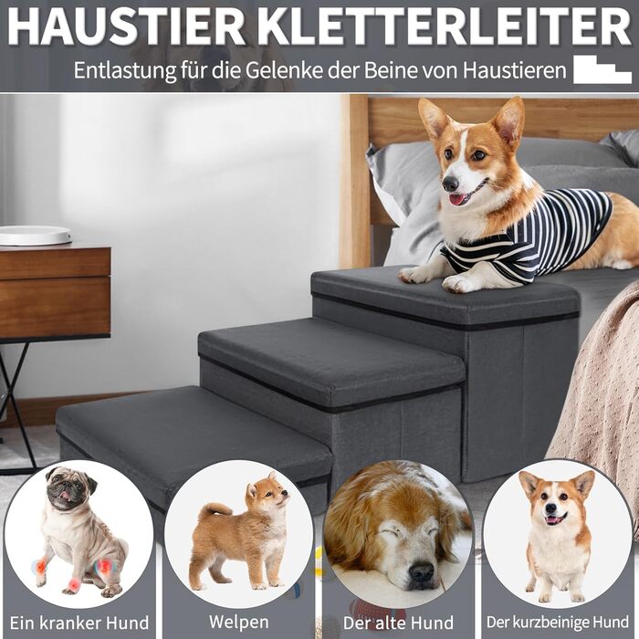 Сходинка для тварин OUUTMEE: складана сходинка для собак та котів, сірого кольору, 3 сходинки, максимальне навантаження 30 кг