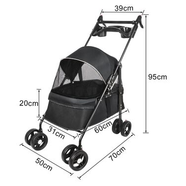 Візок для собак та котів OHMG, складний, до 20 кг, чорний, з гальмом 360° та великим кошиком