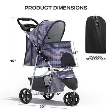 Дитяча коляска для котів та собак, 3 колеса, складний візок для тварин, 13,6 кг, з кошиком та тримачем для напоїв, в клітинку