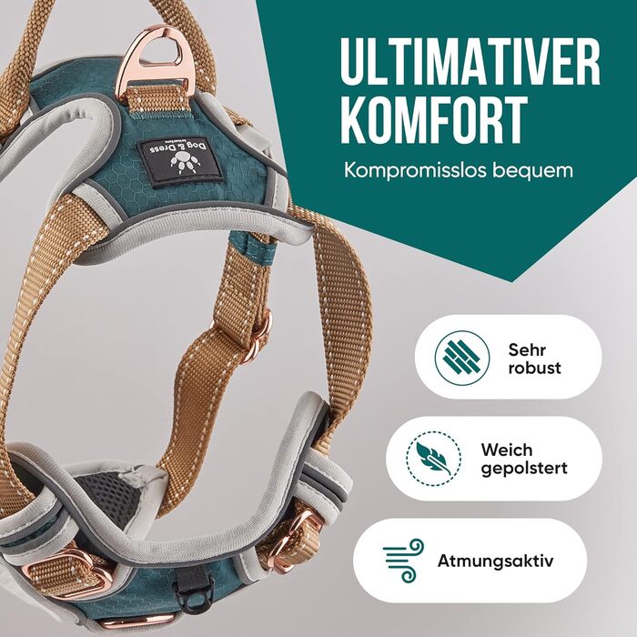 Набір повідка та шлейки для собак – дихаючий, регульований, з м'якою підкладкою та світловідбиваючими елементами – для великих та середніх собак (зелений, S (51-66 см обхват грудей))