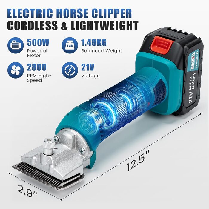 Акумуляторна машинка для стрижки шерсті Anbull: 2 акумулятори, 2800 обертів, для товстого та сплутаного хутра, 6 швидкостей, для коней, овець, кіз (Блакитна)