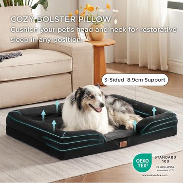 Ортопедичне ліжко для собак BEDSURE - 122x89 см. Зручне ліжко-софа для великих собак з ефектною формою, чорне, миється, антиковзаюче