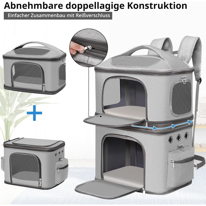 Рюкзак-переноска для котів FASNATI на 2 котів до 12 кг, сірий, для подорожей та кемпінгу