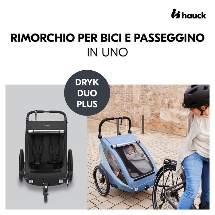 Причіп для велосипеда Hauck Dryk Duo Plus 2-в-1 для 2 дітей (6-48 місяців) з амортизацією, Buggyrad, LED ліхт, XL багажник, чорний