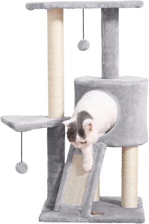 Дряпак для котів PATAM з натурального сизалю з котячою печерою та рампою, посилена основа та легка збірка – висота 83,5 см, іграшки Бежевий (Світло-сірий)