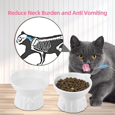 Набір мисок для котів 2 шт. підняті на 15°, кераміка, великі, для запобігання блювоті, підходять для котів та цуценят (білі)