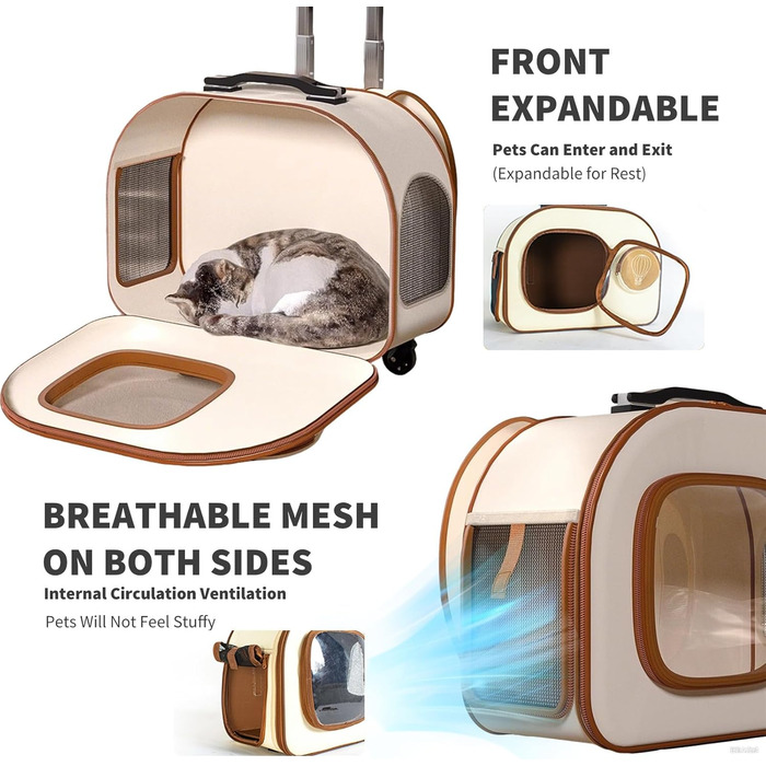 PETCUTE Рюкзак-переноска для собак та котів з колесами, складаний, з внутрішнім страхувальним ремінцем, дихаючий, для маленьких собак та середніх котів, бежевий