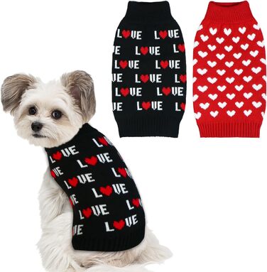 2 шт. Пуловери для собак на День Святого Валентина, костюми для собак на День Святого Валентина, в'язані сердечком пуловери для маленьких, середніх та великих собак, домашні тварини (Розмір M) (Червоне серце та чорне «Любов», Medium)