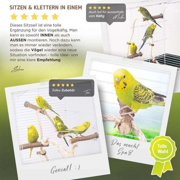 Vogelgaleria® мотузка-перекладина з 3 дерев'яними жердочками для хвилястих папуг, корел та інших птахів, для клітки