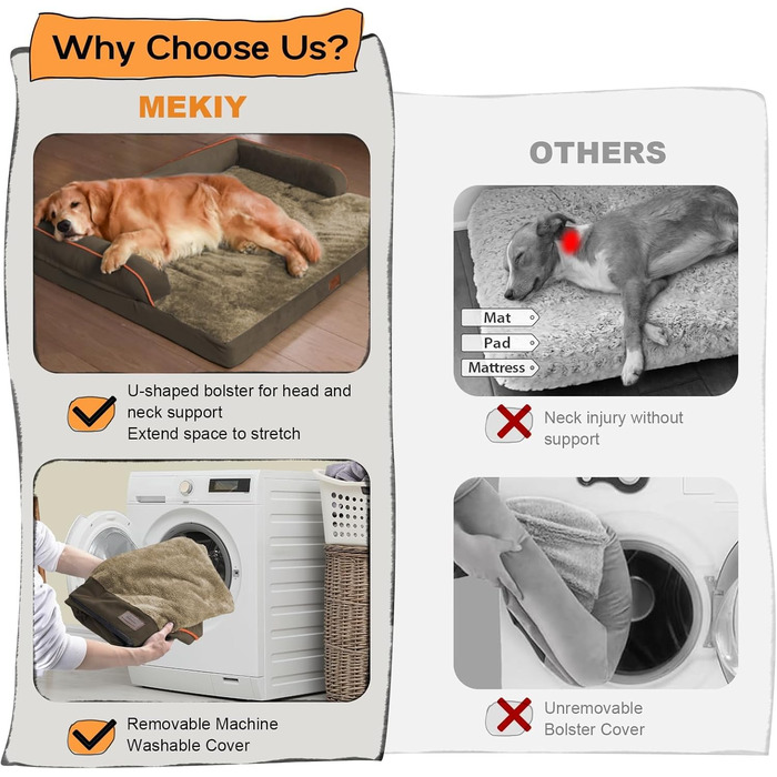 Ортопедичне собаче ліжко великих порід, XL, коричневе. Знімна подушка для шиї, водонепроникний чохол, антиковзаюча підкладка.