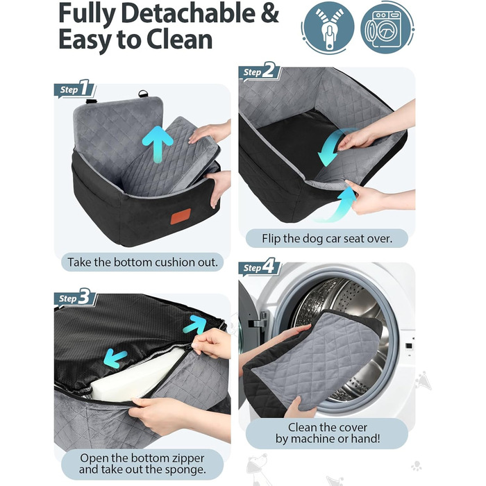 Автокрісло для собак маленьких порід, переносна лежанка для собак з memory foam, знімний та пральний чохол, автокрісло для собак з 3-точковими ременями безпеки (Чорний/Сірий, Маленький)
