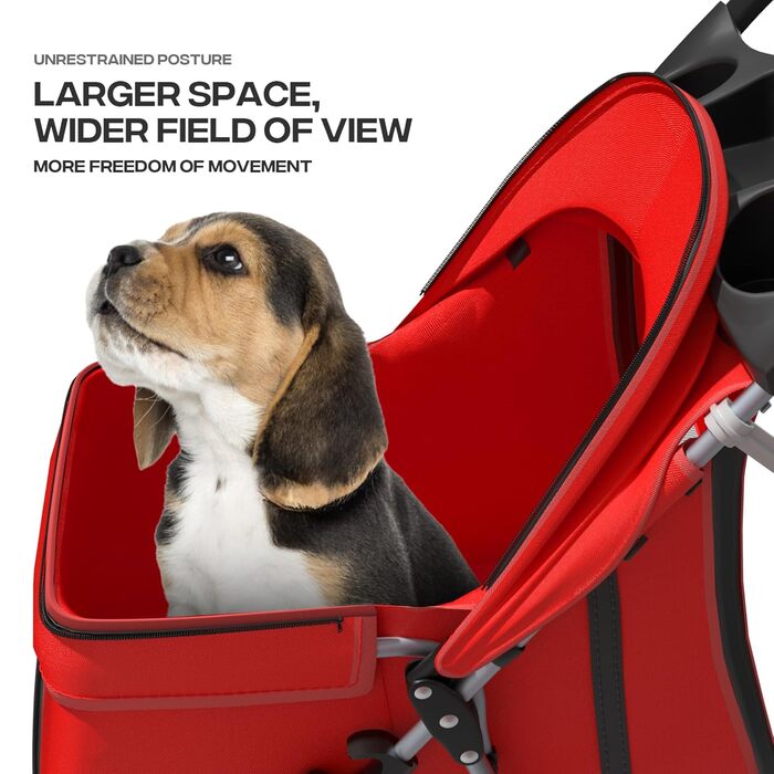 Візок для тварин: для собак та котів, 3 колеса, складний, з кошиком та тримачем для напоїв (червоний)