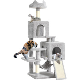 Кігтеточка YITAHOME XL, 137 см, з 2 сизалевими стовпцями, 1 платформою, 2 печерами, гамаком, іграшками-м'ячиками та кігтедробилкою. Ідеальний кімнатний комплекс для котів, сірий колір.