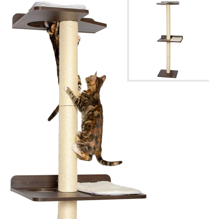 PetFusion Ultimate Котячий дерев'яний комплекс для лазіння та активності, 195 см, з високими сизалевими стовпами, настінний монтаж, сучасний дизайн, колір еспресо, гарантія 1 рік