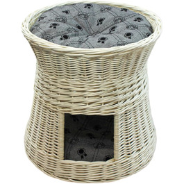 Кігтеточка-ліжко для котів: кругла хатинка з лози, 2 поверхи, білий колір, сірий лежак