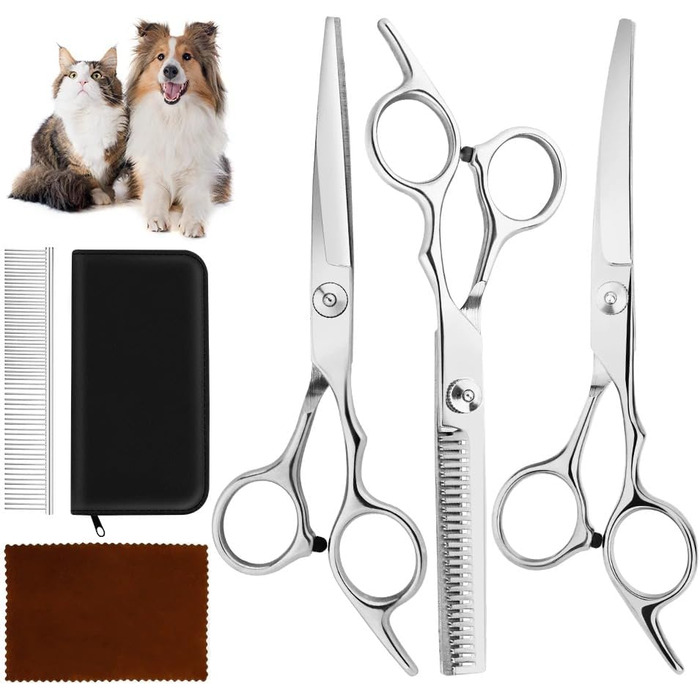 Набір професійних ножиць для собак 3 в 1 - фіолетовий. Ножиці для собак: прямі, зубчасті та вигнуті. Підходить для собак, котів та інших тварин. Сріблястий колір.