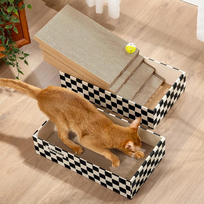 5-Piece Conlun Cat Scratch Box Set with Scratching Pad - Large, Double-Sided Design, Interactive Openings, Clean & Durable, Cardboard Scratchers for Cats, Furniture Protection (White, L-5 Pieces + Ball, Chessboard)