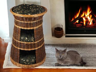 Корзина для котів для сну – котяча хатинка для дому – розмір 43 x 49 x 70 см, кругла – котяча хатинка з лози, трирівневе ліжко для собак або котів з пральним подушками в бежевому кольорі – лакована корзина (подушка темно-коричнева)