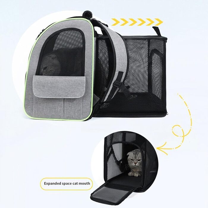 Рюкзак для котів та маленьких собак | Транспортна сумка для домашніх тварин, дихаюча, розкладна, для подорожей, прогулянок, сірого кольору з зеленими вставками