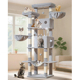 Кігтеточка для котів Taoqimiao 193 см, велика, XXL, з будиночками, гамаком, платформами та 8 стовпчиками для заточування кігтів, сірого кольору MS046W