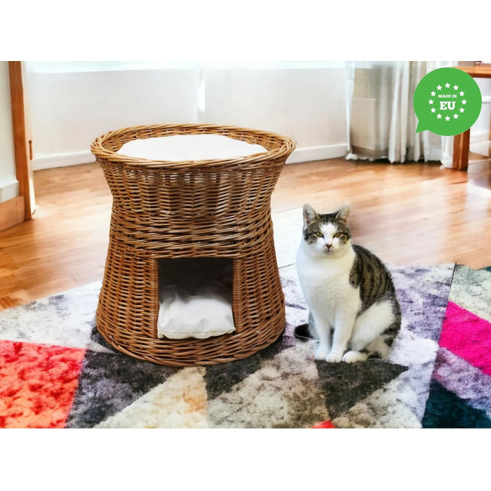 Котячий будиночок з лози для сну, двоповерхове ліжко для котів і собак, круглий 47 см, з подушкою, натуральний колір