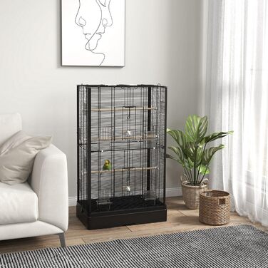 Клітка для птахів PawHut 61x36,5x98 см, чорна, з дверцятами, жердочками, висувним піддоном, годівницями та ручками для корел, хвилястих папуг, канарок, амадин
